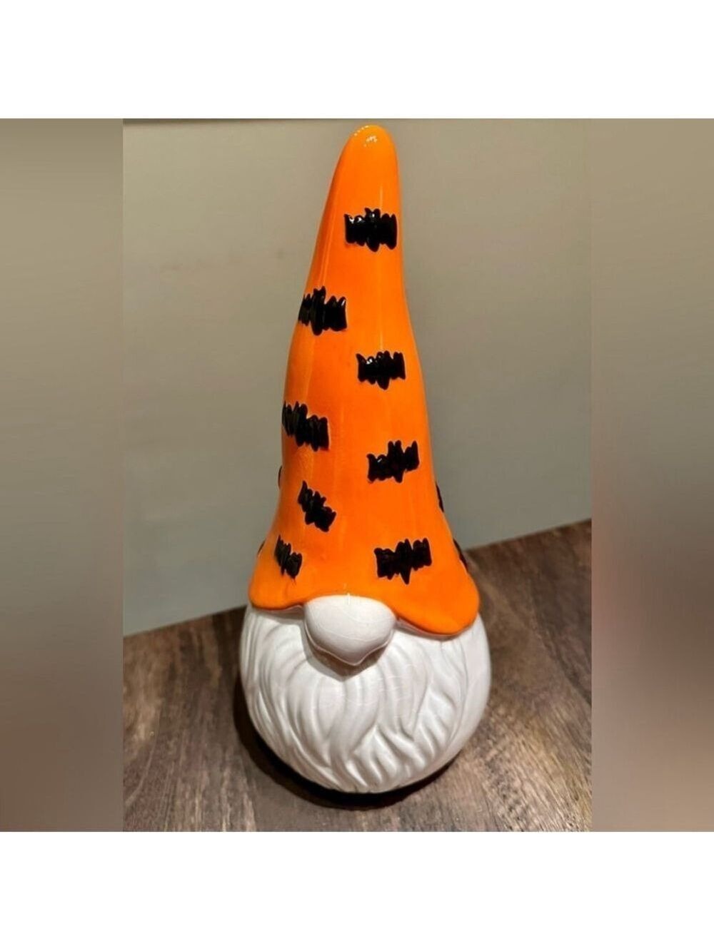 Ceramic Halloween Gnome 12” Orange & White with Bats on the Hat